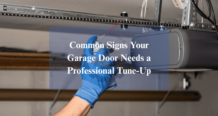 Professional technician doing tune up of garage door