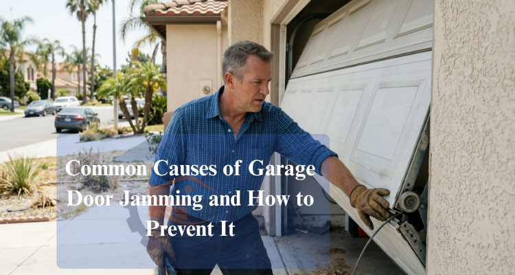 a man trying to fix a jammed garage door